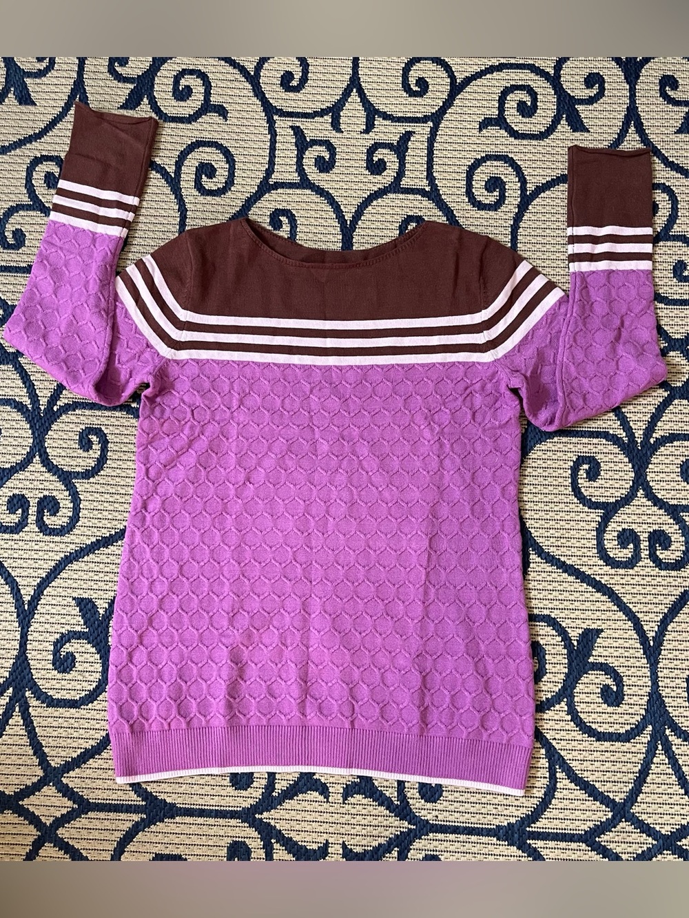 Violet and Chocolate Crewneck Sweater with Stripe Detail